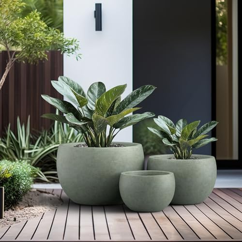 Kante Set of 3 Mint Green Concrete Bowl Planters 19.9" 15.7" 11.8" Dia - Image 4