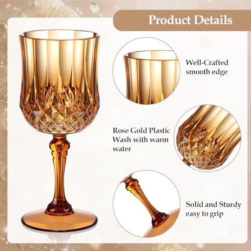 XUWAIDSGN 24Pcs Plastic Vintage Wine Glasses 7oz Reusable Embossed Goblet Glasses Pink Retro Wine Glassware Unbreakable Stemmed Champagne Water Cups for Wine Cocktail Juice Wedding (24, Brown) - Image 3