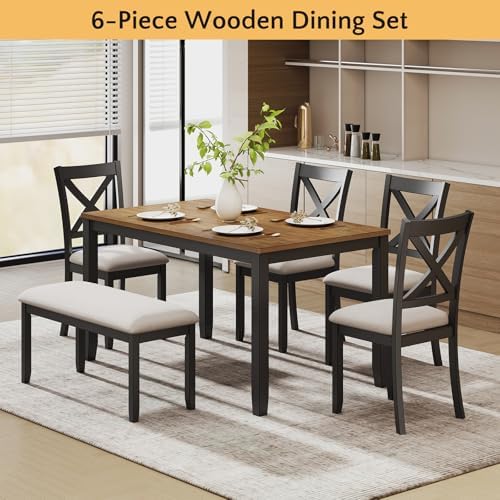 Zevemomo 6-Piece Solid Wood Dining Table Set, Farmhouse Wooden Legs, Black - Image 7