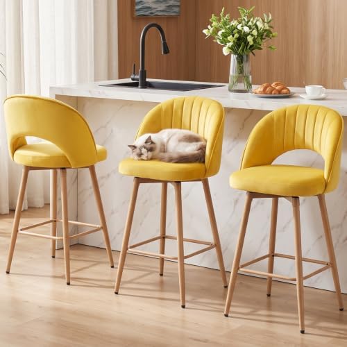 Swivel Bar Stools Set of 3, Counter Height Barstools for Kitchen Island, 26" Seat Height Bar Chairs for Dining Room, Velvet Upholstered Bar Stool with Back and Footrest, Yellow by KRAMZMINGQualityHome