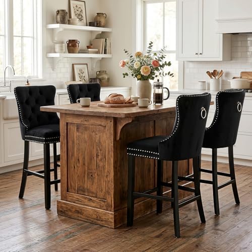 SoarFlash Modern Velvet Upholstered Bar Stools Set of 4 with Wood Legs, Button Tufted,Chrome Nailhead, Counterstool Seat, Armless Bar Chairs (Black) by SoarFlash