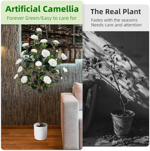 Artificial Camellia Tree 6FT– Faux Plants Indoor, with Easy Assembly, Low Maintenance, Ideal for Both Indoor Decoration and Other Purposes，Perfect Porch Christmas Trees (White 6ft) - Image 3