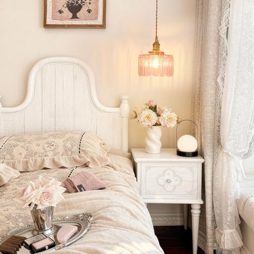 Shenmoyl Pendant Light with Pink Striped Glass Lmapshade, Brass Vintage Pendant Light Adjustable Hanging Light for Kitchen Island Dining Room Hallway - Image 6
