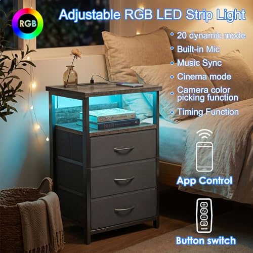 Fixwal Night Stand with 3 Fabric Drawers, Nightstand with Charging Station - Image 4