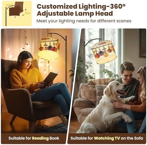 Modern Arc Floor Lamp, Native american indian traditional symbol Bright colored feathers Standing Lamp with Hanging Linen Shade Adjustable Foot Switch for Living Room Bedroom Study Room Office - Image 6