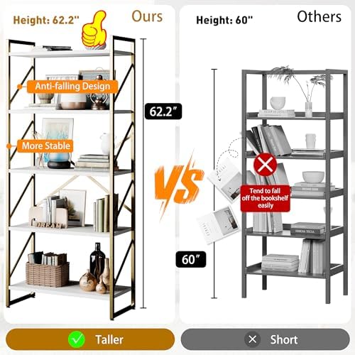 Shintenchi 2 Pieces 5 Tiers Bookshelf, Classically Tall Bookcase Shelf, Industrial Book Rack, Modern Book Holder in Bedroom/Living Room/Home/Office, Storage Rack Shelves for Books/Movies-Gold - Image 4