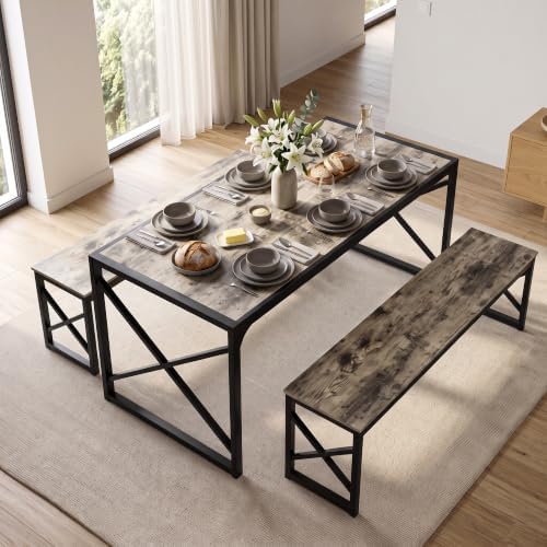 VECELO 55” Kitchen Dining Table Set for 4, Heavy-Duty Steel Frame & Wood-Grain Tabletop, Space-Saving Dinette Sets with 2 Benches for Breakfast Nook and Small Space, Grey - Image 4