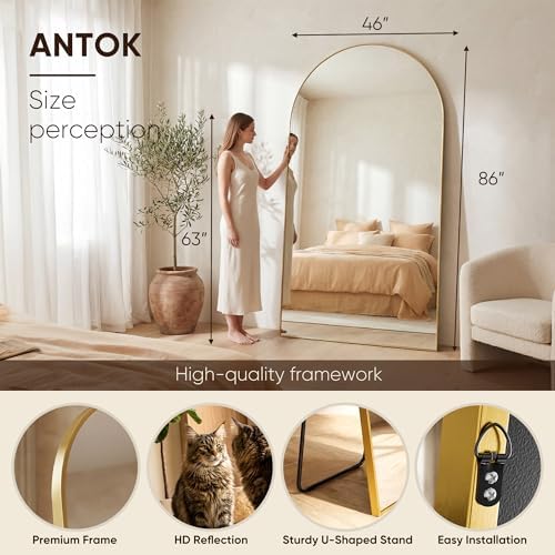 Antok 86" x46” Arched Full Length Mirror, Floor Mirror with Stand, Gold - Image 2