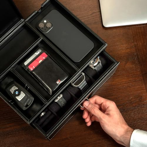 Mens Jewelry Box Organizer & Dresser Valet Tray - Premium Nightstand Station for Watches, Rings, and Accessories - Stylish Mens Dresser Top Organizer with Multiple Compartments and Soft Lining - Image 4