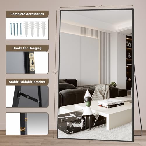 Mirrorons 76"x44" Black Full Length Mirror, Large Floor Mirror with Stand - Image 4