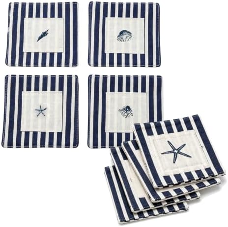 Coastal Cloth Coasters for Drinks, Rustic Navy Blue Stripe, 8PCS by Unknown
