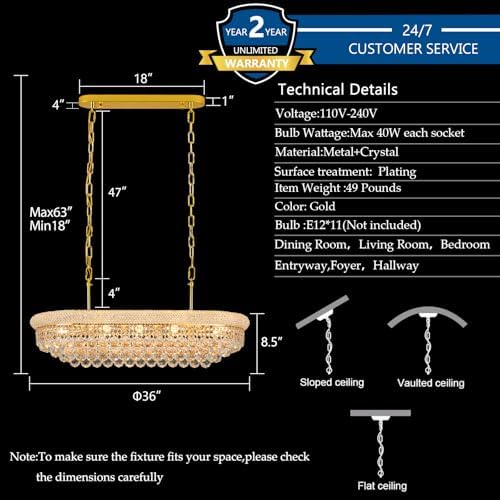 Gold Crystal Chandeliers for Dining Room，11-Lights L35.4 Inch - Image 4