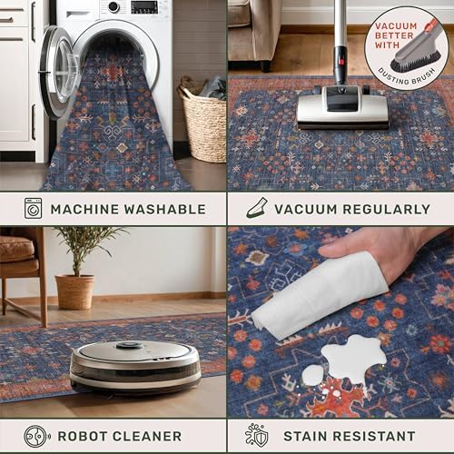 Washable 12 ft Long Runner for Hallway - Navy Blue Kitchen Floor Runner Rug, Pet Friendly Vintage Non Slip with Rubber Backing, Stain Resistant Laundry Room Rug (3x12 Navy Blue & Terracotta) - Image 4
