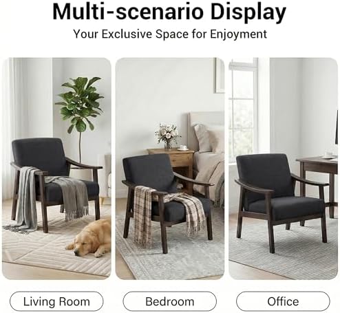 Accent Chair, Mid Century Modern Armchair, Solid Wood Arm Chair, Upholstered Comfy Reading Chair for Living Room, Bedroom, Waiting Room, Dark Gery - Image 4