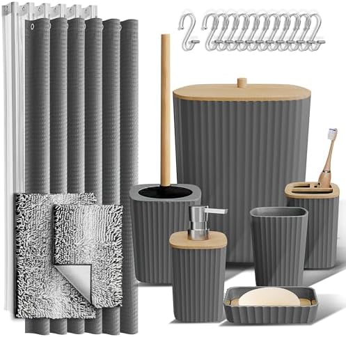 Clara Clark Bathroom Accessories Set - Bathroom Set, Bathroom Sets with Shower Curtain and Rugs, Shower Curtain Set with Bathroom Trash Can - Ombre Grey - 22PC by ClaraClark
