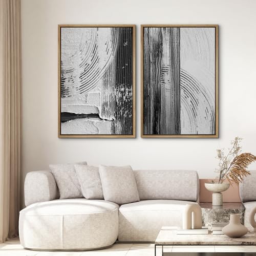SIGNWIN Framed Canvas Print Wall Art Set Black White Industrial Paint Strokes Abstract Shapes Illustrations Modern Art Minimal Decorative Nordic for Living Room, Bedroom, Office - 16"" x24 x2 Natural - Image 2