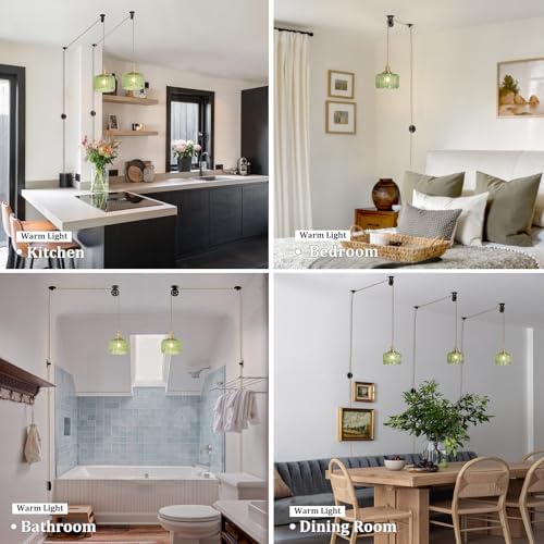 Shenmoyl Plug in Pendant Light Hanging Light Fixture Corded On/Off Switch Brass Pendant Light with Green Striped Glass Lampshade for Bedroom Living Room Kitchen Island - Image 2