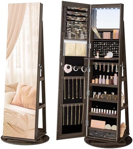 SONGMICS 6 LEDs Mirror Jewelry Cabinet Organizer, 360° Swivel, Lockable by SONGMICSbySONGMICSHOME