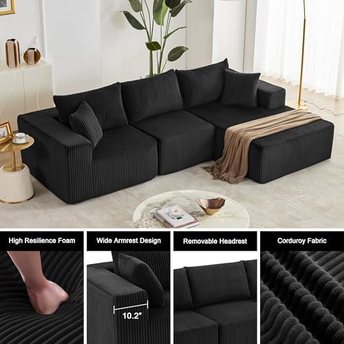 Weture 108" Boneless Couch with Chaise, Modular Sofa with Deep Seat, Black - Image 4