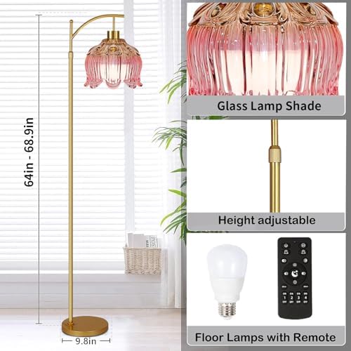 ILLMTW Pink Floor Lamp for Living Room,Bedroom,Glass Mid Century Modern Standing Lamp with Remote,Dimmable Gold Brass Tall Lamp Tulip Flower Arc Floor Light Boho Bohemian - Image 5