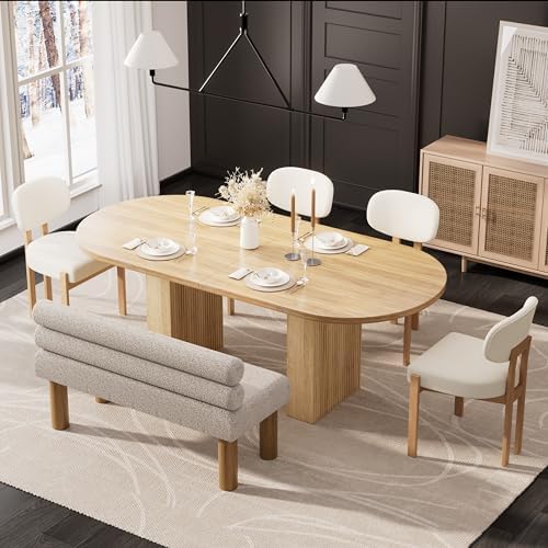 6-Piece Mid-Century Oval Dining Table Set with Bench, 63" Oak Table with Fluted Double Pedestal Base + Beige Fabric Upholstered Chairs & Gray Boucle Bench for Small Dining Nook - Image 2