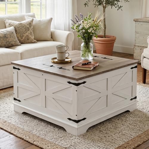 senlin Farmhouse Coffee Table, Heavy-Duty Coffee Table with Storage, Square Wood Center Table Set for Living Room with Pull Up Large Hidden Storage Compartment, Maple White - Image 3