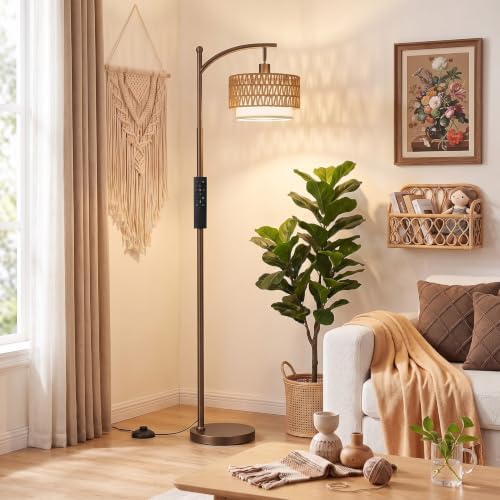 Ambimall Arc Floor Lamp with Remote & Rattan Double Shades, Brown Rustic by Ambimall