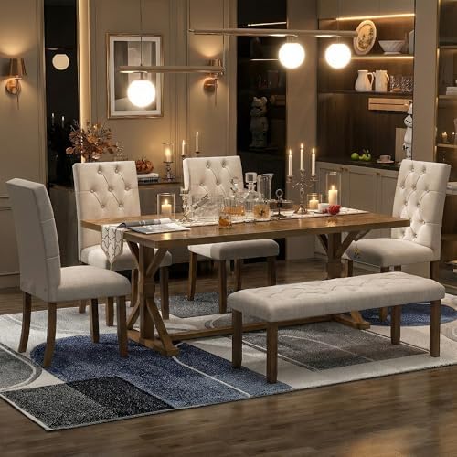 Mirightone 6-Piece Farmhouse Dining Table Set for 6 Rectangular Table Set with 4 Upholstered Chairs and Bench, Solid Wood Dining Table Set for Kitchen, Dining Room (Walnut) by Mirightone