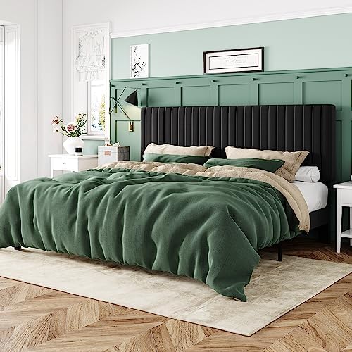Allewie King Platform Bed Frame, Velvet Upholstered with Adjustable Vertical Channel Tufted Headboard, Mattress Foundation with Strong Wooden Slats, Box Spring Optional, Easy Assembly, Black by Allewie