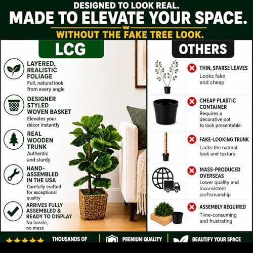 Fake Plant 3ft Faux Fiddle Leaf Fig Tree in Premium Woven Basket by LCG Florals, Fully Assembled, Real Wood Trunk, Artificial Indoor Plant for Living Room Décor, Fake Tree for Home Office Bedroom - Image 4