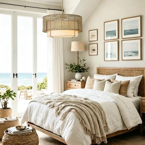 25.6" Large Rattan Chandelier, 6-Light Boho Rustic Pendant Light Fixture - Image 5