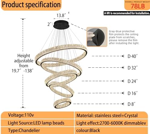 Modern Large 5 Ring Chandelier for High Ceiling Foyer, Luxury Black Crystal Ring Chandeliers Staircase Villa, D8''+15.7"+23.6"+31.5"+39.4", Dimmable LED 3000K-6000K - Image 3
