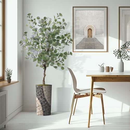 Artificial Tree in Geometric Pattern Planter, Fake Eucalyptus Silk Tree for Indoor and Outdoor Home Decoration - 66" Overall Tall (Plant Pot Plus Tree) - Image 6