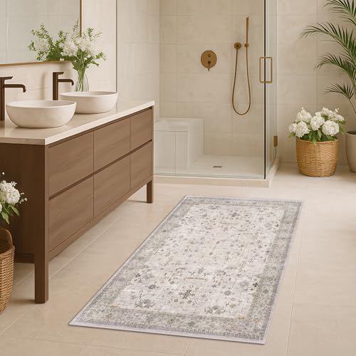 Washable 3x5 Large Bathroom Rug - Neutral Boho Geometric Area Rugs for Entryway, Kitchen, Bedroom Beside Bed, Laundry, Modern Vintage Eclectic Light Gray & Sage Floral Decor, Low Pile & Non-Slip Stain by HazoHaus