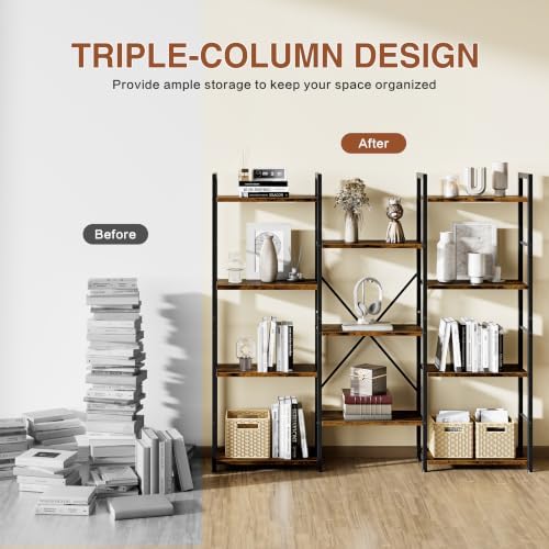 Shintenchi Triple Column 4 Tier Bookshelf, Industrial Large Bookcase Display Shelves, Large Etagere Bookshelf,Wide Book Shelf Book Case for Home & Office, Rustic Brown - Image 4