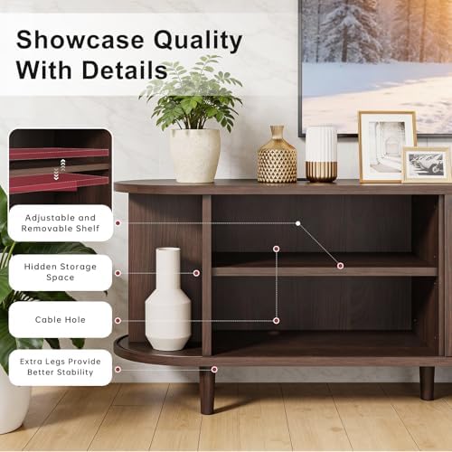 58" Mid Century Modern TV Stand, Wood TV Consoles with Sliding Doors and Power Outlet, Entertainment Center with Adjustable Shelves, Fluted TV Stands for Living Room, Walnut - Image 6