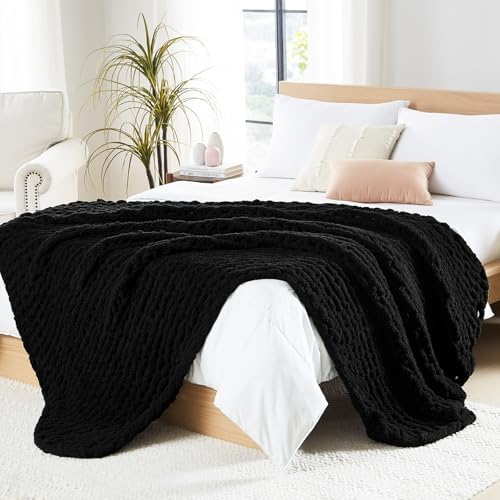 L'AGRATY Chunky Knit Throw Blanket for Couch, 60'' x 80'' Knit Throw, Black by LAGRATY