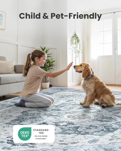 Amada Large 8x10 Washable Area Rug for Living Room, Ivory/Blue, Vintage - Image 4