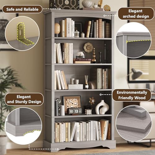 TVU 5-Tier Wooden Bookshelf, 65 Inch Tall Bookshelf with Storage, Floor Standing Modern Style Display Bookcase for Living Room, Office, Study Room, Entryway, Grey - Image 5