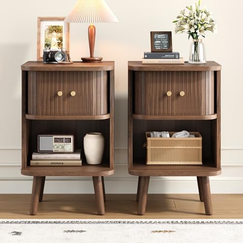 Decofy Fluted Nightstand Set of 2, Charging Station & Sliding Doors, Walnut by Decofy