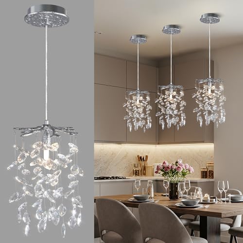 YUYI 8.3" Crystal Pendant Light for Kitchen Island, Modern Silver Tree Branch Chandelier, Luxury Round K9 Crystal Raindrop Pendant Light Fixture for Dining Room, Living Room, Bedroom, Foyer, Entryway by YUYILIGHTING