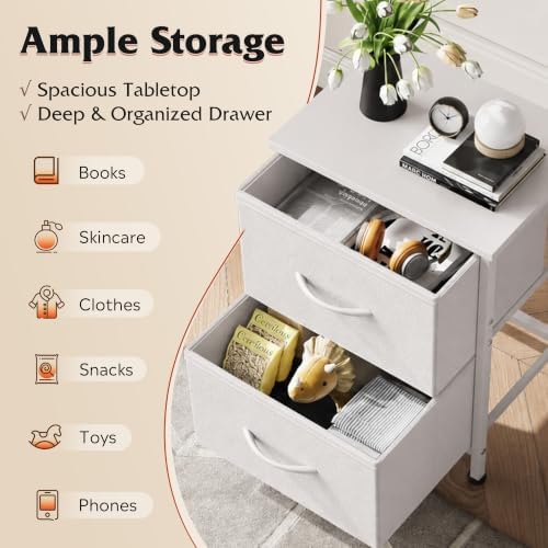 WLIVE White Night Stand, Small Dresser with 2 Drawers & Wooden Top, White - Image 4