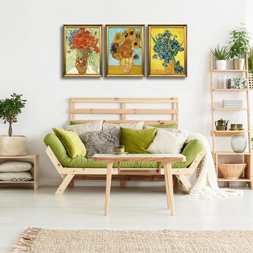 Wieco Art Framed 3 Panels Wall Art of Vincent Van Gogh Paintings Red Poppies and Daisies Sunflower Irises in Vase Canvas Prints for Wall and Home Decorations Bronze Gold Frame - Image 5