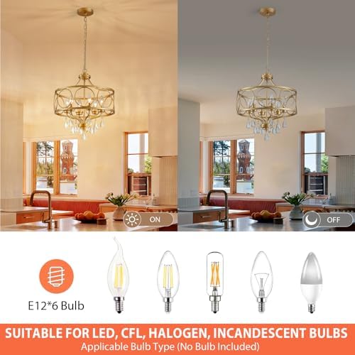6-Light Modern Gold Crystal Chandelier, 17.7" Farmhouse Ceiling Light Fixture, Hanging Metal Pendant Lights Kitchen Island Dining Room Entryway Foyer - Image 4