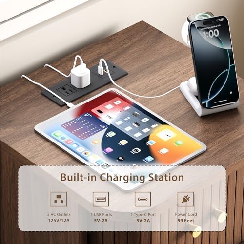 Decofy Fluted Nightstand, Charging Station & Sliding Door, Walnut - Image 3