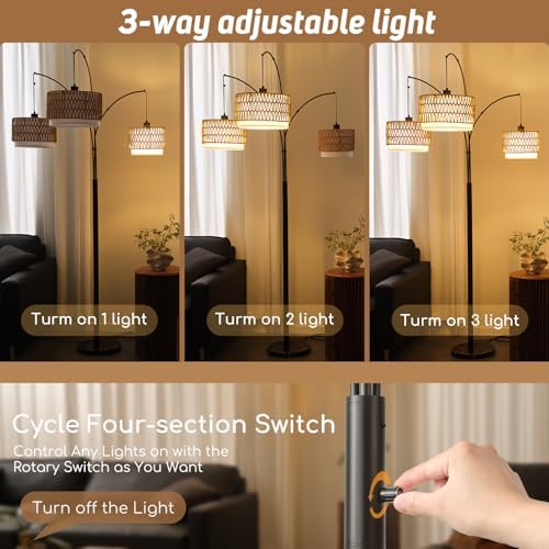 3-Light Arc Rattan Floor Lamp for Living Room,80'' Boho Tree Lamp - Image 2