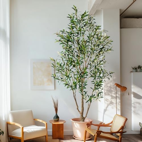 6FT Artificial Olive Tree with Realistic Leaves & Natural Trunk, Faux Silk Olive Plant in White Planter, Tall Fake Tree for Modern Home Office Living Room Entryway Corner Decor, Maintenance Free - Image 4