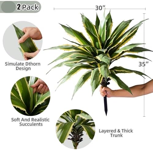 Artificial Agave Plant Fake Agave Planters for Indoor Outdoor Faux Agave Plants Real Touch Realistic Greenery for Home Living Room Office Bathroom Garden Front Porch Patio Decor (29inch-2 Pcs Yellow) - Image 2