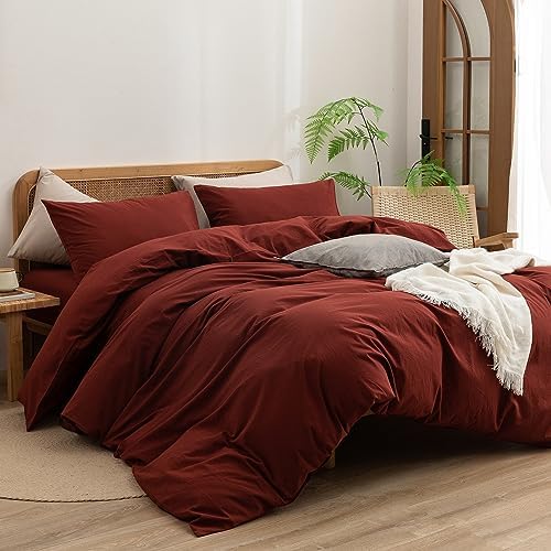 BESTOUCH Cotton Solid Duvet Cover Set Linen Feel Fired Brick Red Super King - Image 4