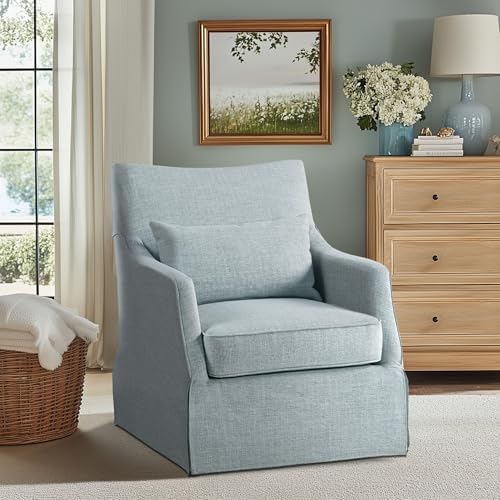 Martha Stewart London Swivel Chair - Solid Wood & Plywood, Skirted Metal Base Accent Armchair, Lumbar Pillow -Modern Classic Family Room Sofa Furniture Bedroom Lounge, 28"X31.5"X35.25", Light Blue - Image 2